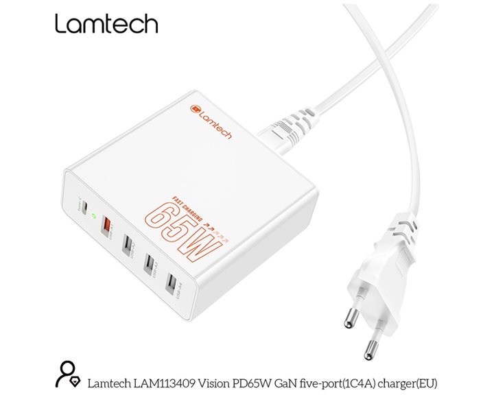 LAMTECH GAN FAST CHARGER 1xTYPE-C & 4xQC3.0 65W & EU CABLE 1.5M