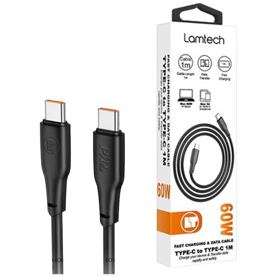 LAMTECH CHARGE AND DATA CABLE TYPE-C TO TYPE-C 60W 1M BLACK