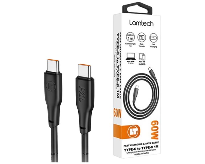 LAMTECH CHARGE AND DATA CABLE TYPE-C TO TYPE-C 60W 1M BLACK