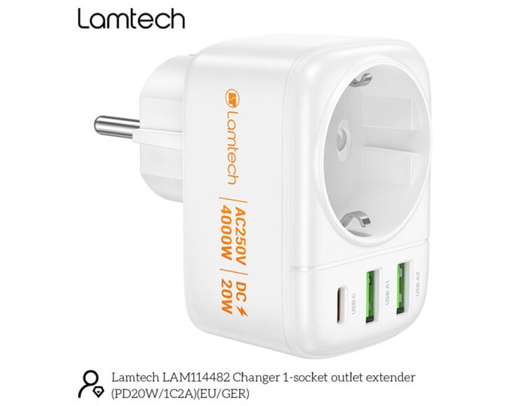 LAMTECH MULTIFUNCTIONAL SURGE PROTECTOR WALL SOCKET 1xSCHUKO 2xUSB 1xTYPE-C PD20W