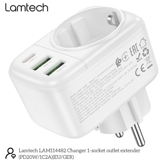 LAMTECH MULTIFUNCTIONAL SURGE PROTECTOR WALL SOCKET 1xSCHUKO 2xUSB 1xTYPE-C PD20W