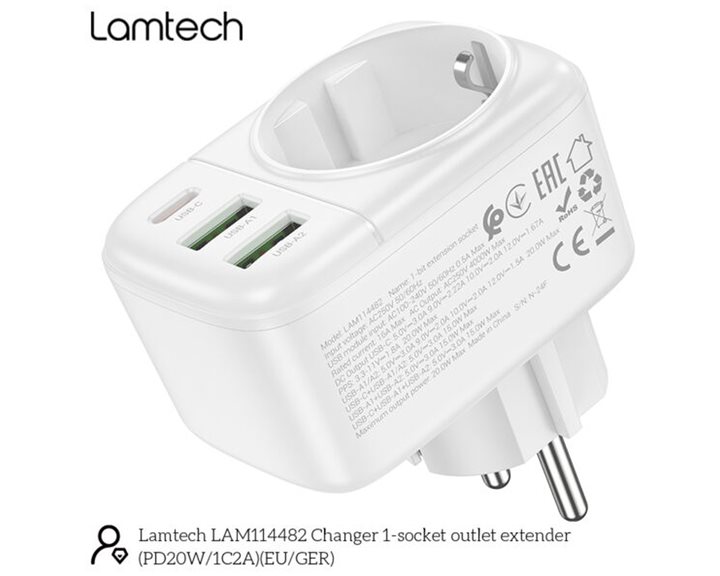 LAMTECH MULTIFUNCTIONAL SURGE PROTECTOR WALL SOCKET 1xSCHUKO 2xUSB 1xTYPE-C PD20W