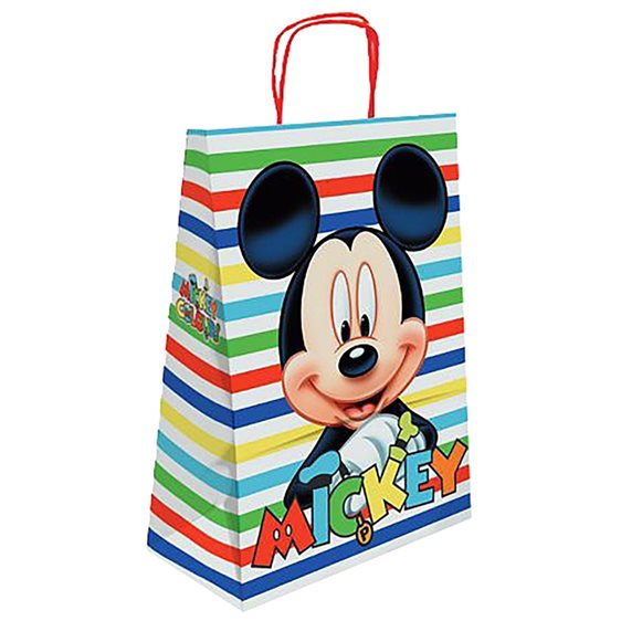 Τσάντα Δώρου Χάρτινη Mickey Ασπρη με Ρίγες 32cm