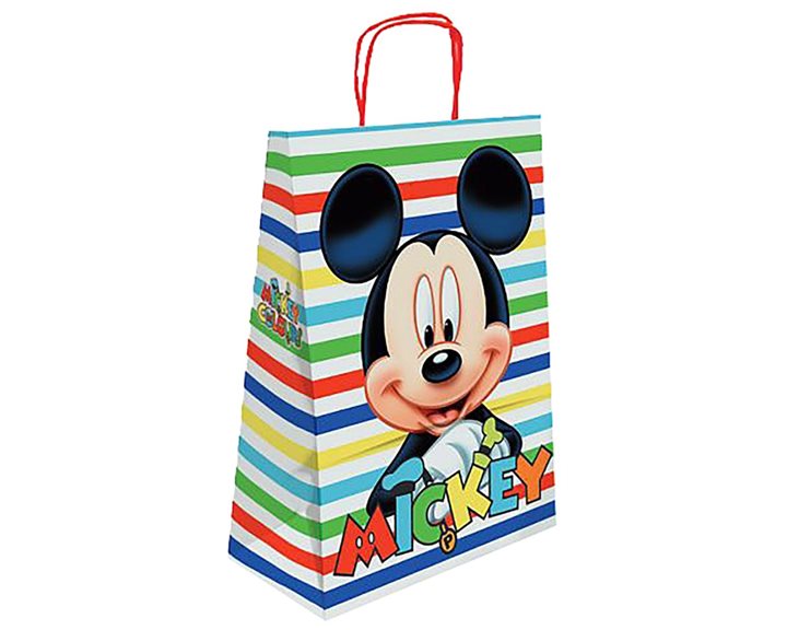 Τσάντα Δώρου Χάρτινη Mickey Ασπρη με Ρίγες 32cm