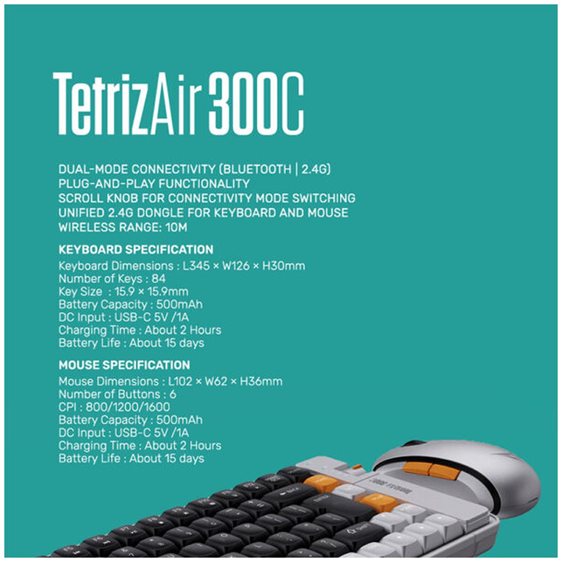 ALCATROZ BT5.3/2.4G MULTI-DEVICE RECHARGEABLE KEYBOARD & MOUSE TETRIZ AIR 300C AUTUMN BLACK