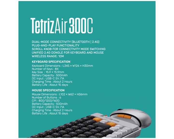 ALCATROZ BT5.3/2.4G MULTI-DEVICE RECHARGEABLE KEYBOARD & MOUSE TETRIZ AIR 300C AUTUMN BLACK