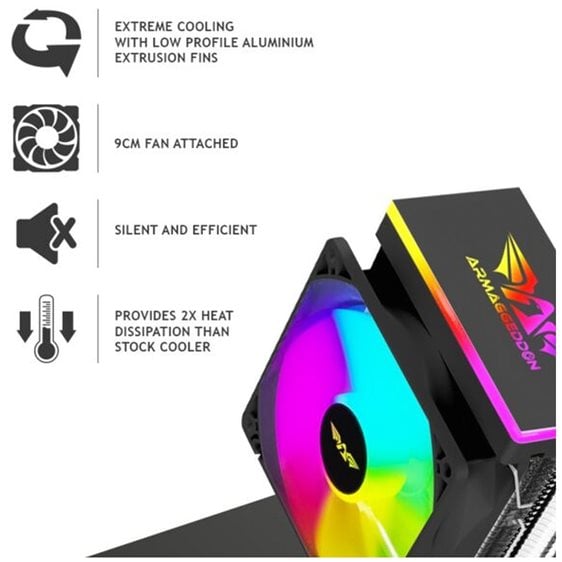 ARMAGGEDDON RGB SILENT 9CM CPU COOLING FAN 2 HEAT PIPES BLACK