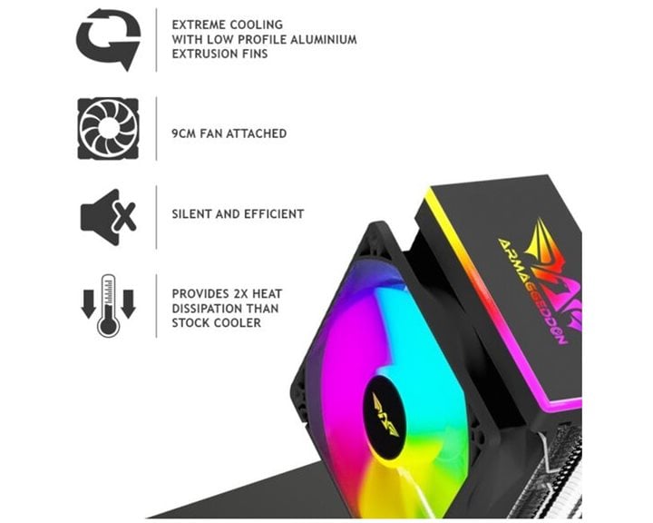 ARMAGGEDDON RGB SILENT 9CM CPU COOLING FAN 2 HEAT PIPES BLACK