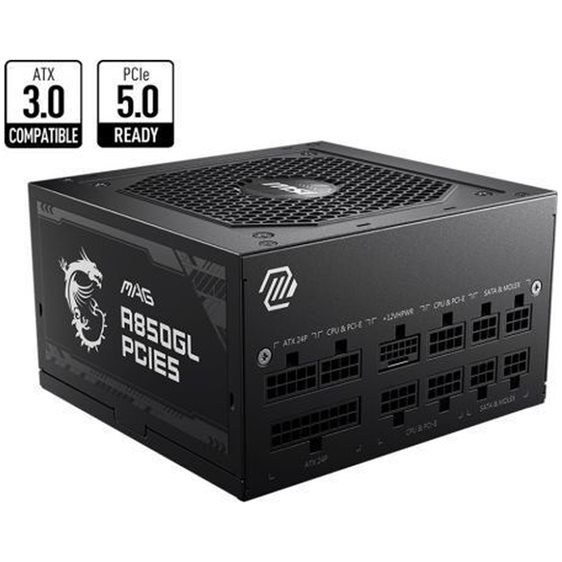 MSI PSU 850W MAG A850GL PCIE5, 80+ GOLD CERTIFIED, FULL MODULAR CABLES, FLUID DYNAMIC BEARING 120MM QUIET & COOL FAN, 7YW.