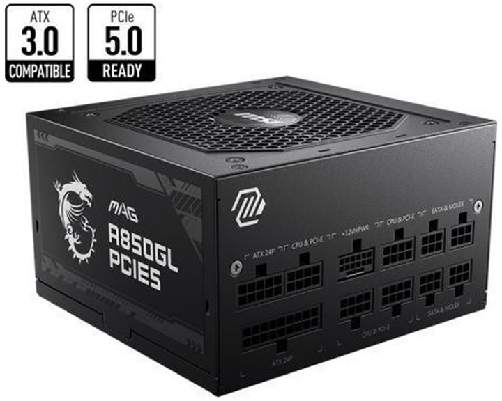 MSI PSU 850W MAG A850GL PCIE5, 80+ GOLD CERTIFIED, FULL MODULAR CABLES, FLUID DYNAMIC BEARING 120MM QUIET & COOL FAN, 7YW.