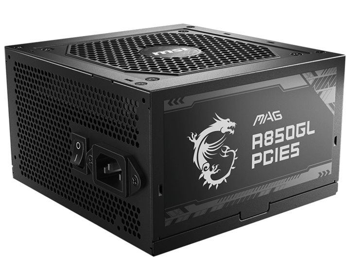MSI PSU 850W MAG A850GL PCIE5, 80+ GOLD CERTIFIED, FULL MODULAR CABLES, FLUID DYNAMIC BEARING 120MM QUIET & COOL FAN, 7YW.