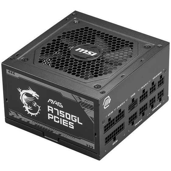 MSI PSU 750W MAG A750GL PCIE5, 80+ GOLD CERTIFIED, FULL MODULAR CABLES, FLUID DYNAMIC BEARING 120MM QUIET & COOL FAN, 7YW.
