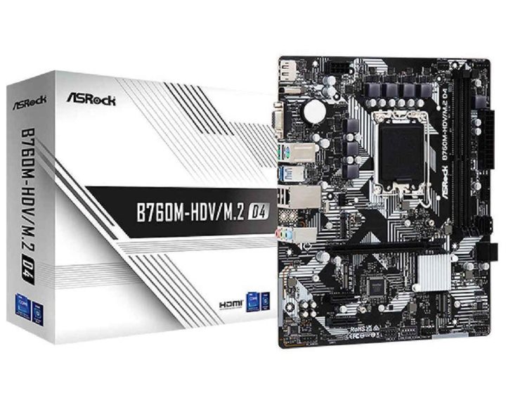 ASROCK MB B760M-HDV/M.2. D4, SOCKET INTEL LGA1700 14th/13th/12th GEN INTEL CPU, CS INTEL B760, 2 DIMM SOCKETS DDR4, HDMI/DP/D-SUB, PCI-E GEN 4.0, GIGABIT LAN, MICRO-ATX, 3YW.