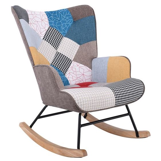 ALMA Rocking Πολυθρόνα Μπερζέρα Καθιστικού, Ύφασμα Patchwork, Βάση Μαύρο-Φυσικό Ε7143,4
