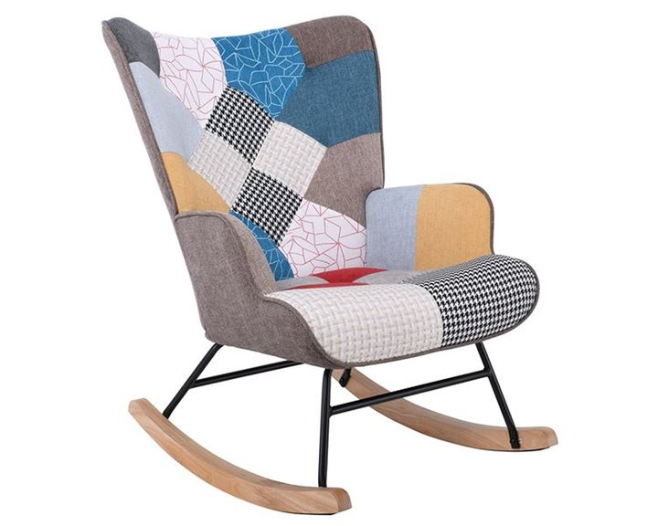 ALMA Rocking Πολυθρόνα Μπερζέρα Καθιστικού, Ύφασμα Patchwork, Βάση Μαύρο-Φυσικό Ε7143,4