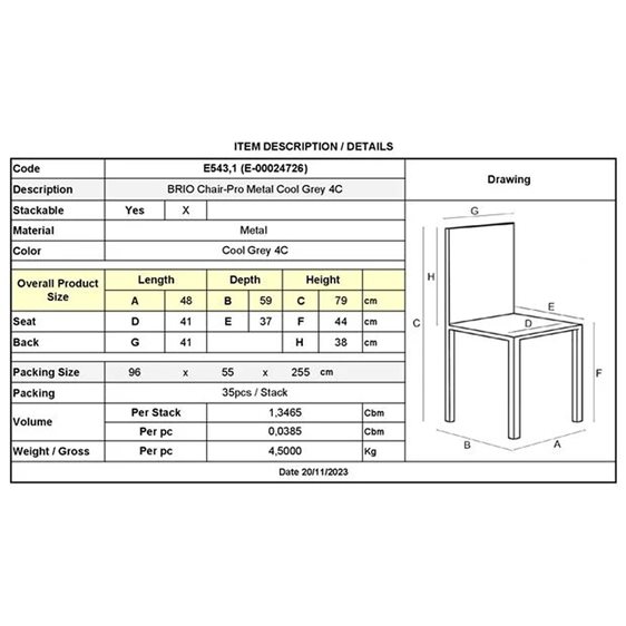 BRIO Καρέκλα-Pro Στοιβαζόμενη Μέταλλο Βαφή Cool Grey 4C Ε543,1