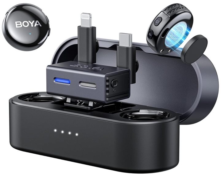 BOYALINK 3 - Type-C, Lightning & 3,5mm AI-Powered Button Wireless Microphone 2 TX + 1 RX + cha. Case