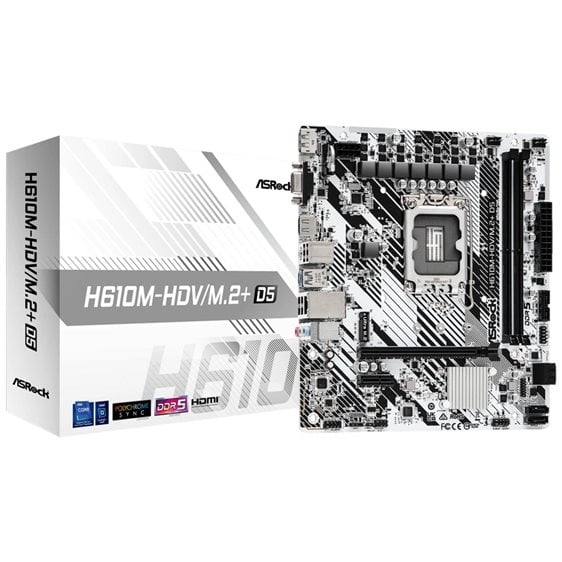 ASROCK MB H610M-HDV/M.2+ D5, SOCKET INTEL LGA1700 14th/13th/12th GEN INTEL CPU, CS INTEL H610, 2 DIMM SOCKETS DDR5, HDMI/DP/D-SUB, PCI-E GEN 4.0, GIGABIT LAN, MICRO-ATX, 3YW.