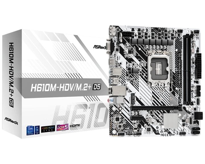 ASROCK MB H610M-HDV/M.2+ D5, SOCKET INTEL LGA1700 14th/13th/12th GEN INTEL CPU, CS INTEL H610, 2 DIMM SOCKETS DDR5, HDMI/DP/D-SUB, PCI-E GEN 4.0, GIGABIT LAN, MICRO-ATX, 3YW.