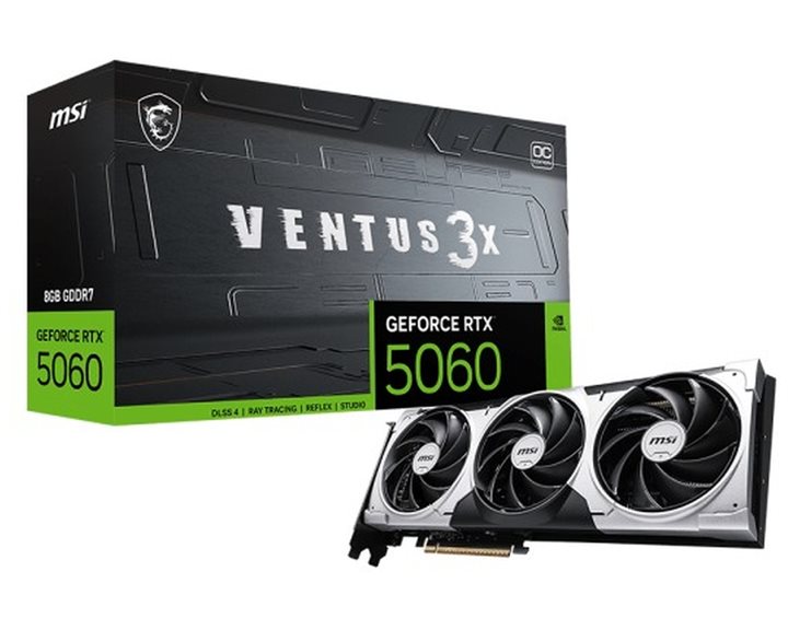 MSI VGA PCI-E NVIDIA GF RTX 5060 8G VENTUS 3X OC, 8GB/128BIT, GDDR7, HDMI/ 3xDP, TRIPLE FAN, 2 SLOT FANSINK, 3YW.