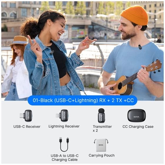 BOYA mini 2 Lightning & Type-C - 2,4GHz 2mic Wireless AI-ANC Mic w. Charging Box Mono/stereo/safety-