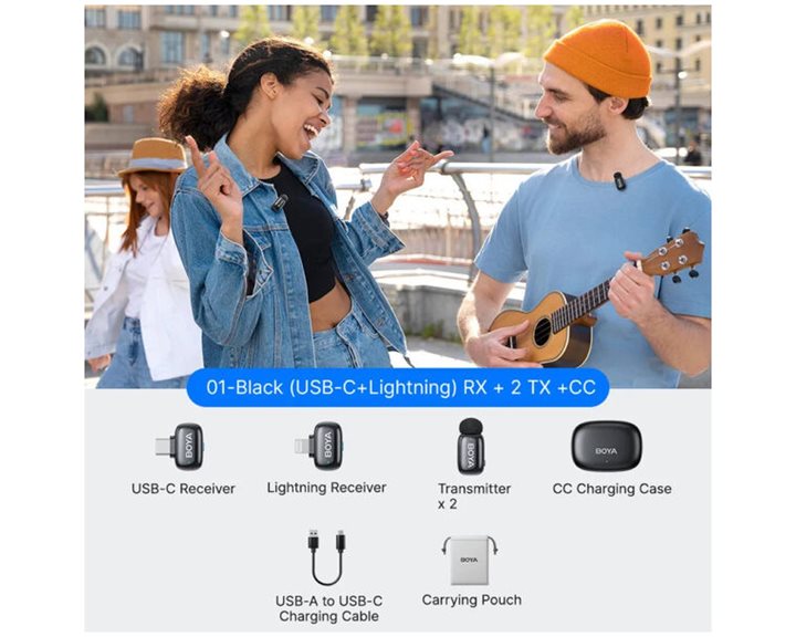 BOYA mini 2 Lightning & Type-C - 2,4GHz 2mic Wireless AI-ANC Mic w. Charging Box Mono/stereo/safety-