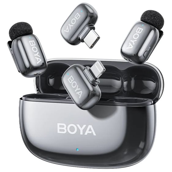 BOYA mini 2 Lightning & Type-C -Space Grey, 2,4GHz 2mic Wireless AI-ANC Mic w. Charging Box