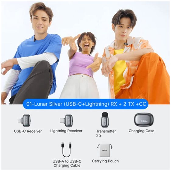 BOYA mini 2 Lightning & Type-C -Space Grey, 2,4GHz 2mic Wireless AI-ANC Mic w. Charging Box