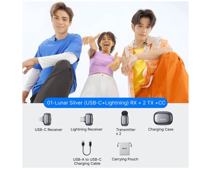 BOYA mini 2 Lightning & Type-C -Space Grey, 2,4GHz 2mic Wireless AI-ANC Mic w. Charging Box