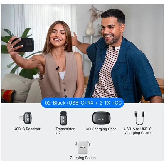 BOYA mini 2 Type-C - 2,4GHz 2mic Wireless AI-ANC Mic w. Charging Box Mono/stereo/safety-track