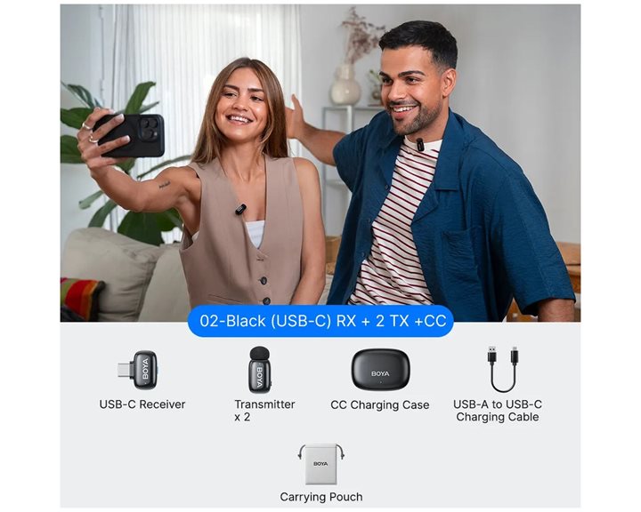 BOYA mini 2 Type-C - 2,4GHz 2mic Wireless AI-ANC Mic w. Charging Box Mono/stereo/safety-track