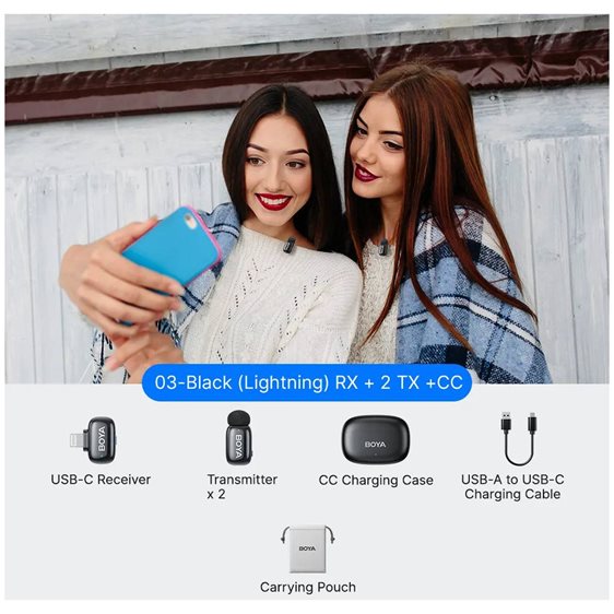 BOYA mini 2 iPhone Lightning - 2,4GHz 2mic Wireless AI-ANC Mic w. Charging Box Mono/stereo/safety-tr