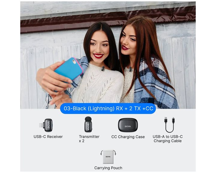 BOYA mini 2 iPhone Lightning - 2,4GHz 2mic Wireless AI-ANC Mic w. Charging Box Mono/stereo/safety-tr