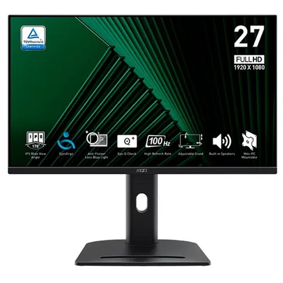 MSI MONITOR PRO MP275PG, FLAT IPS FHD, 27", 16:9, 300 CD/M2, 1000:1, 1MS, 100Hz, 1920x1080, HDMI/ DP/ VGA/ HP OUT, 2X2W SPEAKERS, TILT, SWIVEL, PIVOT, HAS,  BLACK, 2YW.
