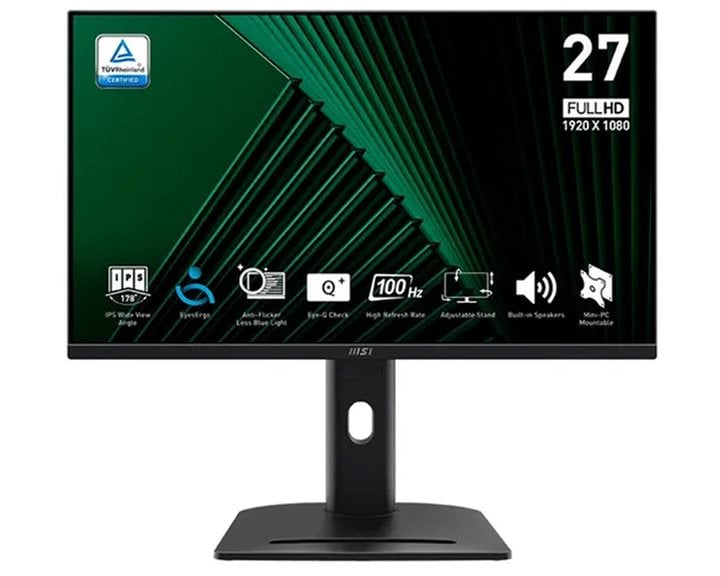 MSI MONITOR PRO MP275PG, FLAT IPS FHD, 27", 16:9, 300 CD/M2, 1000:1, 1MS, 100Hz, 1920x1080, HDMI/ DP/ VGA/ HP OUT, 2X2W SPEAKERS, TILT, SWIVEL, PIVOT, HAS,  BLACK, 2YW.