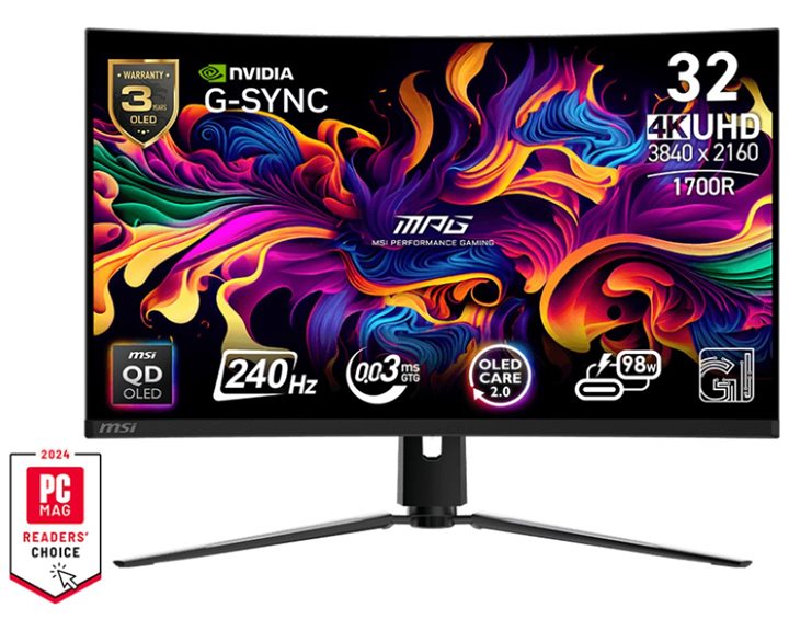 MSI MONITOR GAMING MPG 321CURX QD-OLED, CURVED QD-OLED UHD 4K, 32", 16:9, 250CD/M2, 1.500.000:1, 0,03MS, 240Hz, 3840x2160, 2x HDMI/ DP/ TYPE-C/ HP OUT, HAS, TILT, SWIVEL, BLACK, 3YW.