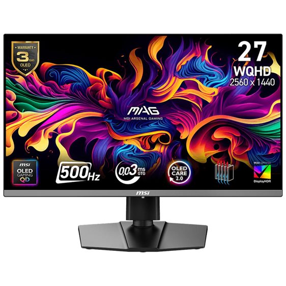 MSI MONITOR GAMING MAG 272QP QD-OLED X50, FLAT QD-OLED WQHD, 27", 16:9, 300CD/M2, 1.500.000:1, 0,03MS, 500Hz, 2560x1440, 2x HDMI/ DP/ HP OUT, PIVOT, HAS, TILT, SWIVEL, BLACK, 3YW.