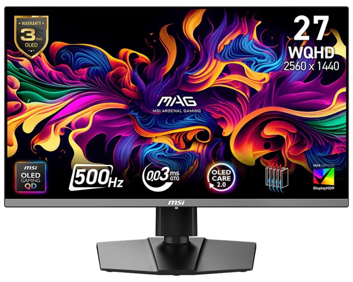 MSI MONITOR GAMING MAG 272QP QD-OLED X50, FLAT QD-OLED WQHD, 27", 16:9, 300CD/M2, 1.500.000:1, 0,03MS, 500Hz, 2560x1440, 2x HDMI/ DP/ HP OUT, PIVOT, HAS, TILT, SWIVEL, BLACK, 3YW.