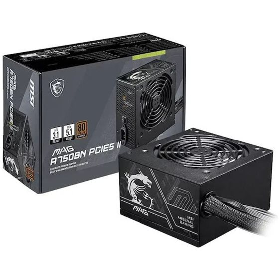 MSI PSU 750W MAG A750BN PCIE5 II, 80+ BRONZE CERTIFIED, HYDRUALIC BEARING 120MM QUIET & COOL FAN, 5YW.
