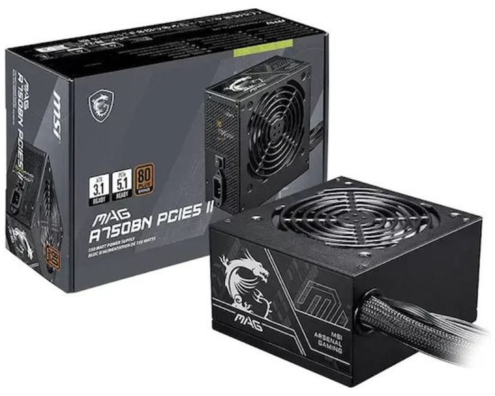 MSI PSU 750W MAG A750BN PCIE5 II, 80+ BRONZE CERTIFIED, HYDRUALIC BEARING 120MM QUIET & COOL FAN, 5YW.