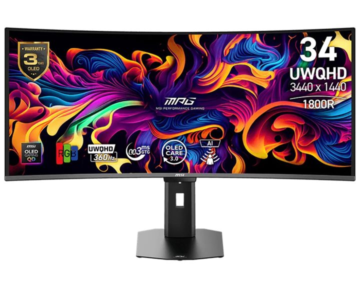 MSI MONITOR GAMING MPG 341CQR QD-OLED X36, CURVED QD-OLED UWQHD, 34", 21:9, 300CD/M2, 0,03MS, 360Hz, 3440x1440, 2x HDMI/ DP/ TYPE-C/ 2x USB 2.0 Type-A/ 1x USB 2.0 Type-B/ HP OUT, TILT, SWIVEL, PIVOT, HAS, BLACK, 3YW.