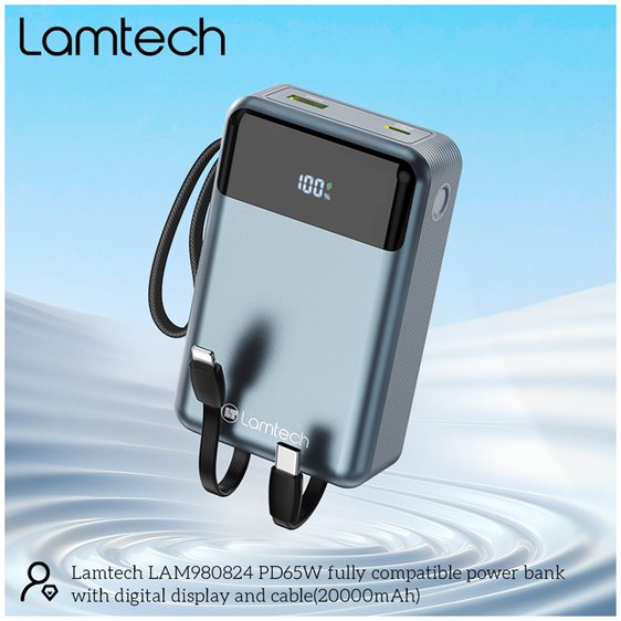 Lamtech Power Bank 20000mAh 65w White With Type -C And Lightning Build-in Cables