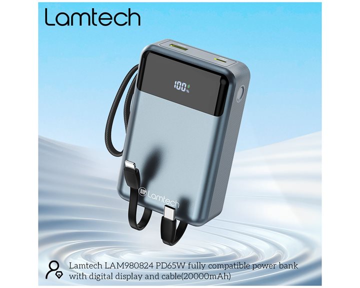 Lamtech Power Bank 20000mAh 65w White With Type -C And Lightning Build-in Cables