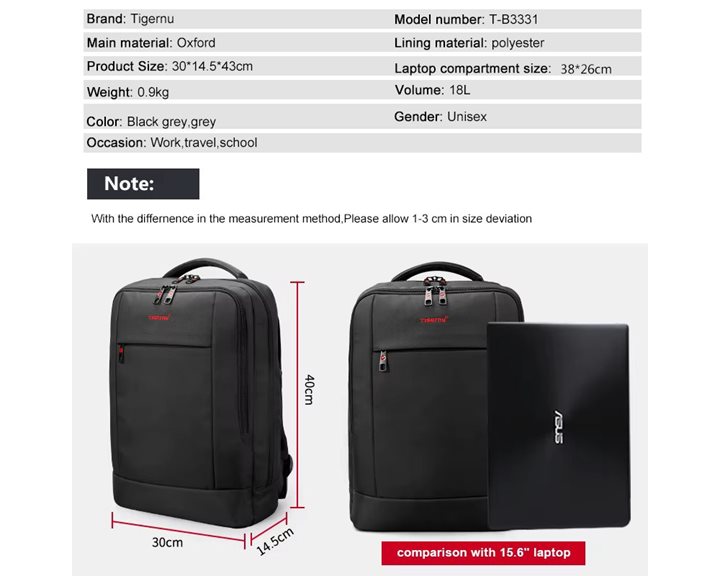 Tigernu Σακίδιο Πλάτης Laptop 15.6'' T-B3331B Black