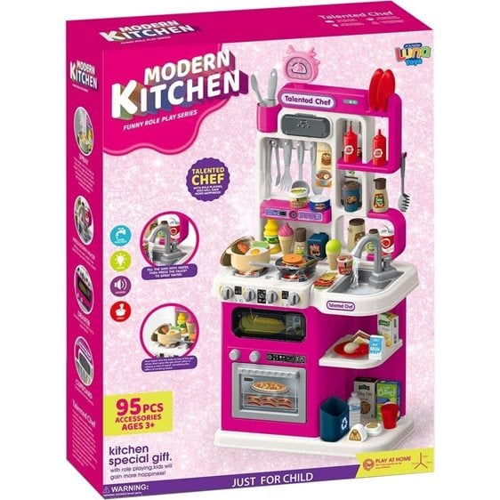 Κουζίνα 92εκ. Luna Toys με φως, ήxο και Σπρέι Νερού Ροζ 95 τμχ., 49x13x66εκ.  000623326