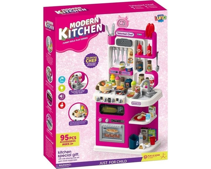 Κουζίνα 92εκ. Luna Toys με φως, ήxο και Σπρέι Νερού Ροζ 95 τμχ., 49x13x66εκ.  000623326