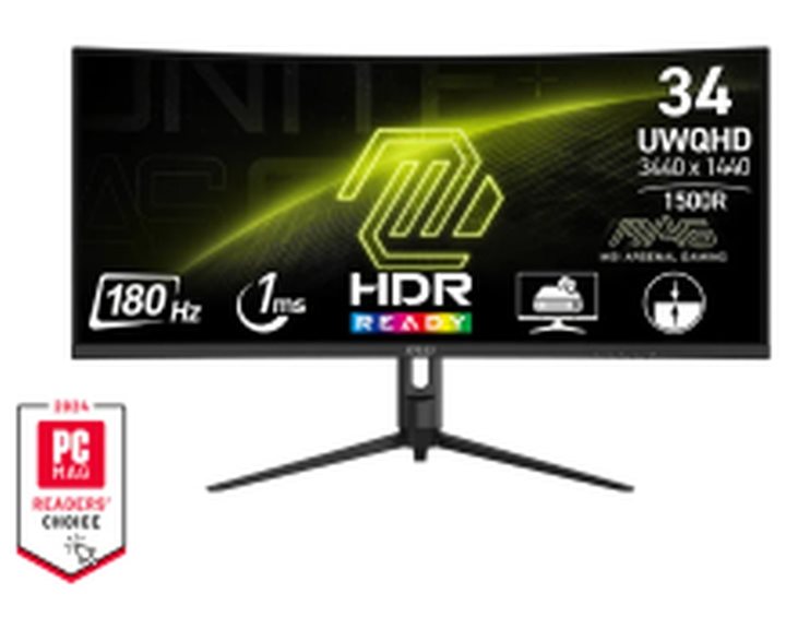 MSI MONITOR GAMING MAG 342CQR E2, CURVED VA UWQHD, 34", 21:9, 300CD/M2, 100.000.000:1, 1MS, 180Hz, 3440x1440, 2x HDMI/ DP/ HP OUT, TILT, SWIVEL, PIVOT, HAS, BLACK, 3YW.