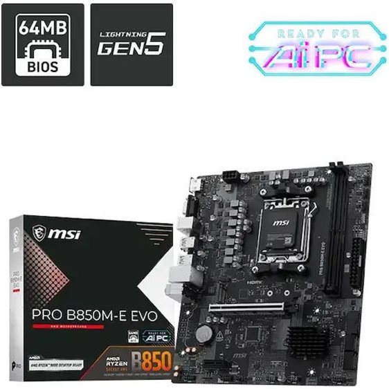 MSI MB PRO B850M-E EVO, SOCKET AMD AM5, CS AMD B850, 2 DIMM SOCKETS DDR5, HDMI/ VGA, PCI-E GEN 5.0, 2.5G LAN, MICRO-ATX, 3YW.