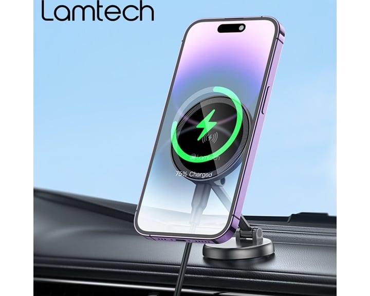 Lamtech Foldable Magnetic Metallic Car Holder & Wireless Charger 15w