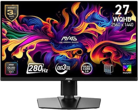 MSI MONITOR GAMING MAG 271QP QD-OLED X28, FLAT QD-OLED WQHD, 27", 16:9, 250CD/M2, 1.500.000:1, 0,03MS, 280Hz, 2560x1440, 2x HDMI/ DP/ TYPE-C/ HP OUT, PIVOT, HAS, TILT, SWIVEL, BLACK, 3YW.